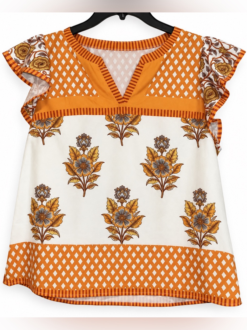 Orange Floral Mixed Print Flutter Sleeve Blouse Top XL Boho
